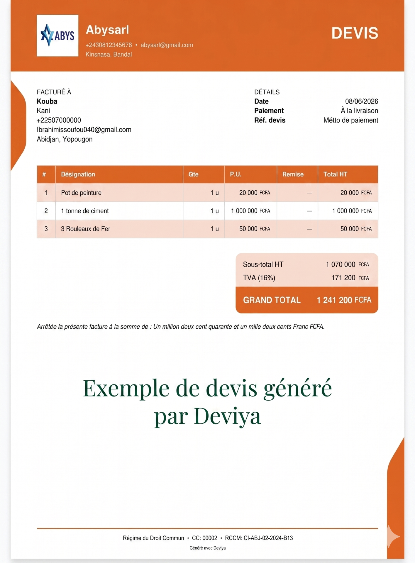 Exemple de devis professionnel généré par Deviya